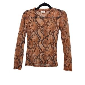 Free Kisses Snakeskin Mesh Long Sleeve Top Brown Orange Animal Print Small
